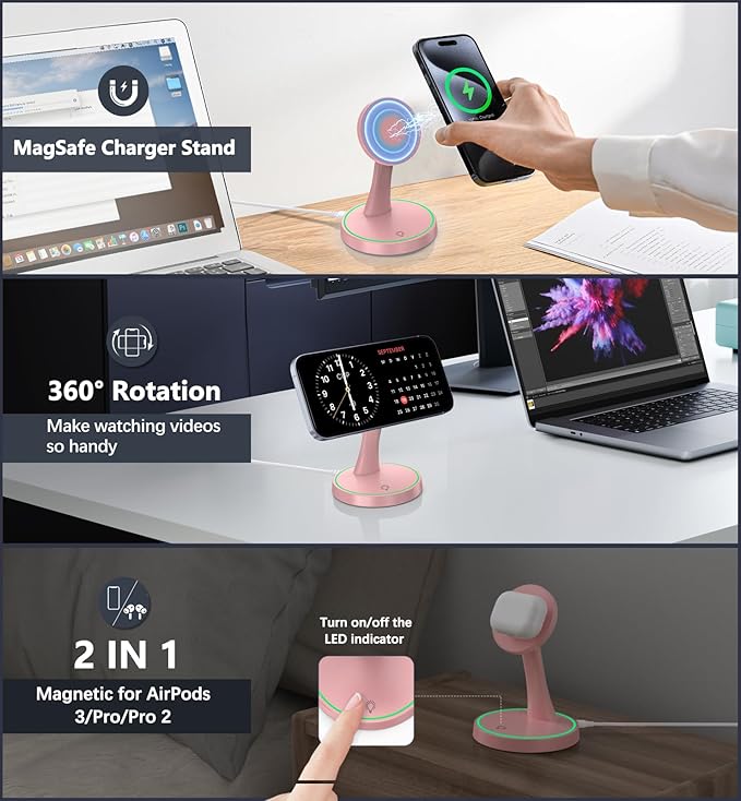 Magnetic Wireless Charger Stand 15W Fast Mag-Safe Charger for iPhone 17 /17 pro/ 17 Air/ 17 pro max 16/15/14/13/12 Series Magnet Wireless Charging Station/Pad with Sleep-Friendly Light for AirPods