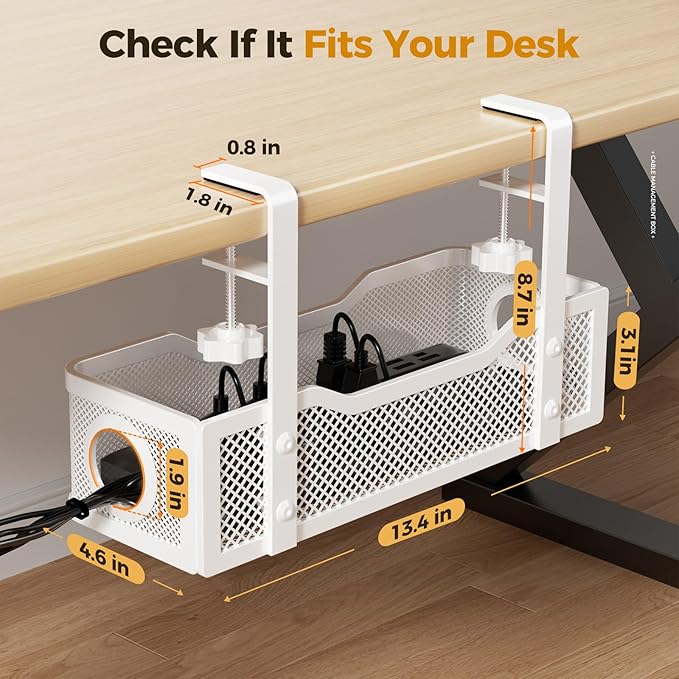 4 Pack Under Desk Cable Management Box White, Cinati 53.6" Wire Organizers No Drill, Cord Organization Tray with Clamp for Office, Home - No Damage to Desk
