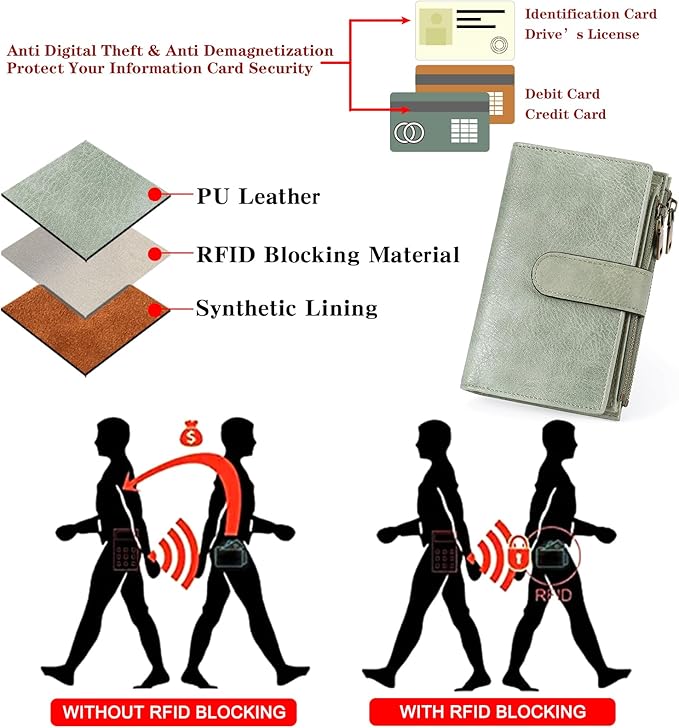 GOIACII Womens Wallets RFID Blocking Leather Trifold Clutch Wallet Credit Card Holder Ladies Purse 3 ID Windows