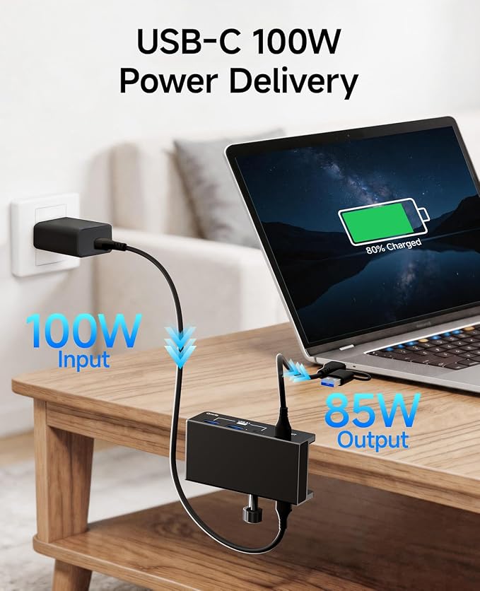 USB-Hub Clamp with Type-C PD 85W Port, 2 USB-A Data Ports, 1 USB-C Port (Black)