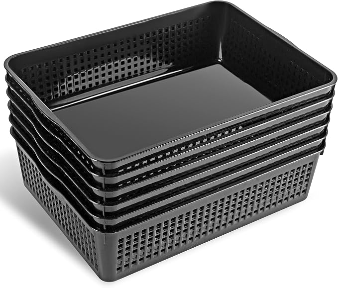 Eslite A4 Size Plastic Storage Basket,Desktop File Paper Letter Organizer Tray, 6-Packs (Black)