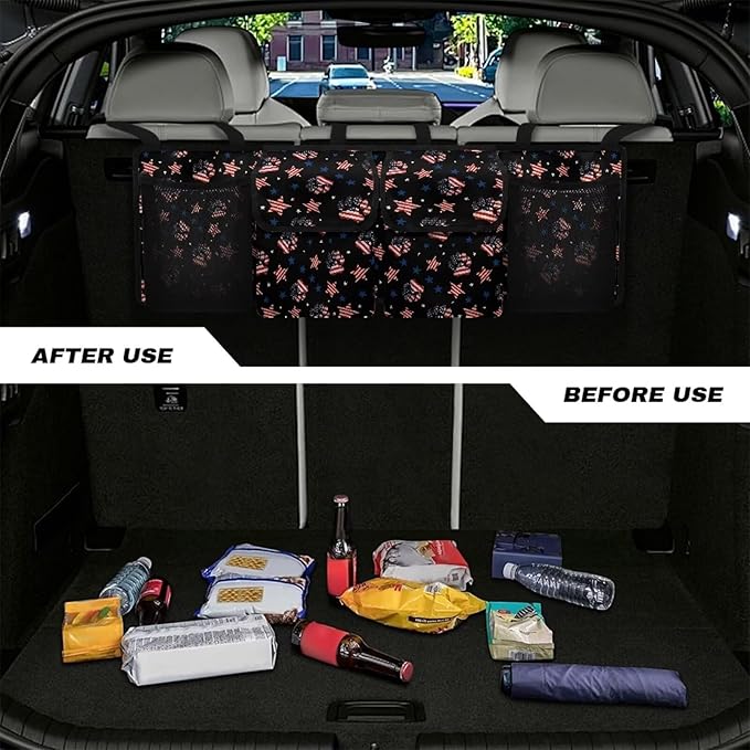 American Flag Car Trunk Organizer,Deer Large Capacity Car Storage Organizer,Dog Paw Hanging Foldable Auto Storage Keep Clean and Tidy 4th of July Patriotic Decorations