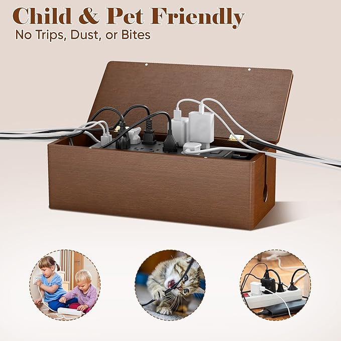 DELAMU 14.17" Large Cable Management Box with Magnetic Lid, Cord Mangement Box and Cord Box Hider for Electrical Cord Management with Ventilation Design, Hide Cables on Desk and Floor, Cable Box Brown