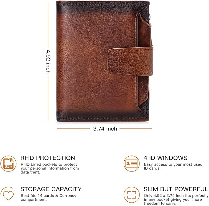 FALAN MULE Wallet for Men Genuine Leather RFID Blocking Mens Wallet with Zipper Coin Pocket ID Window