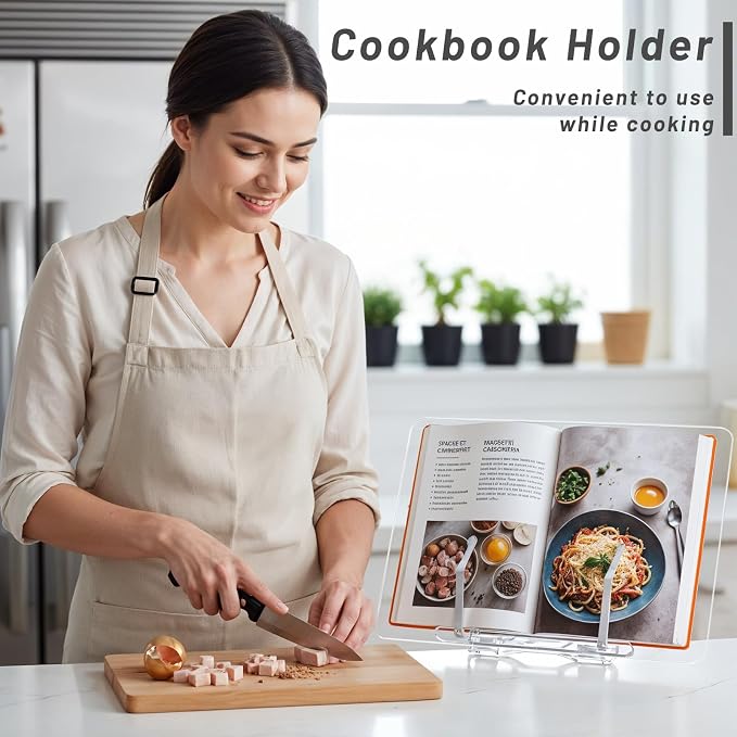 Acrylic Cookbook Holder, 13.3x9.4 Inch Ergonomic Book Display Stand | Adjustable 0-50° Acrylic Book Stand with Page Clip for Reading, Recipe, Books, Document, Cookbook