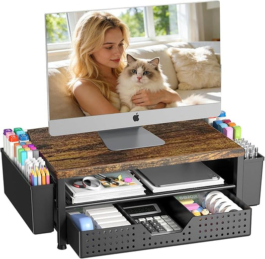 OPNICE Wood Desk Organizers and Accessories, 2-Tier Computer Monitor Stand Riser with Drawer and 2 Pen Holders, Laptop Stand, Office Desk Accessories for Office Supplies, Brown