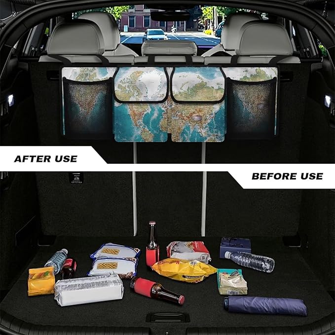 World Map Design Car Trunk Organizer,Backseat Hanging Large Storage with Adjustable Straps,Collapsible Cargo Bag,Car Interior Accessories Not Easy to Fade Machine Washable