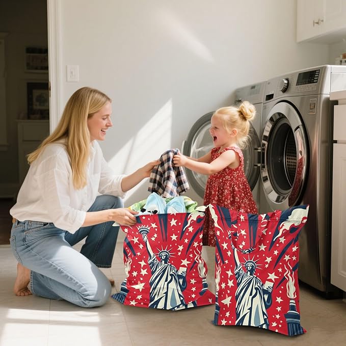 Travel Laundry Bags 2 PC Wet Dry Bag with Handle Dirty Clothes Organizer for Swimsuits Beach Camping Waterproof Washable July 4th Statue Of Liberty Red