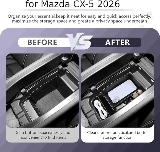 LUWU Mazda CX-5 2026 Center Console Organizer Compatible with 2026 Mazda CX5 Accessories Armrest Console Storage Box Insert Tray Mazda CX5 2026 Accessories ABS Material Black Coin Container