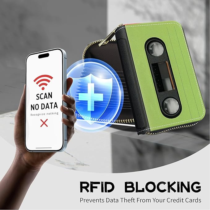 Cute Credit Card Holder with Zipper, Green Tape Cassette RFID-Blocking Card Case Small Wallet for Women Men, Multi-slot Card Organizer Case Travel Accordion Wallet