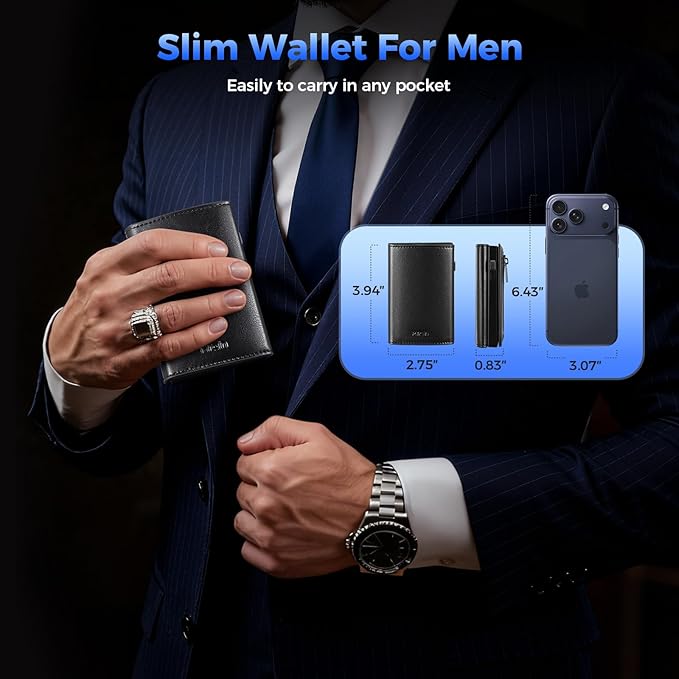 Mens Slim Minimalist Wallet Card Holder with Coin Pocket, Cash Slot, Magnetic Closure, Pop Up Aluminum Case, ID Window, Leather Wallet, RFID Blocking, 9-13 Card Capacity (Wax Black)