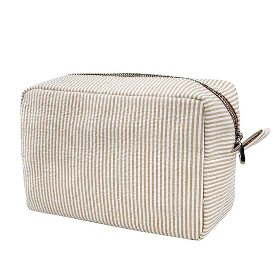 GFU Cosmetic Bags for Women, Seersucker Cosmetic Bag, Travel Toiletry Stripe Makeup Bag, Large Women Aesthetic Organizer Storage Pouch, Girls Handbags Purses, brown