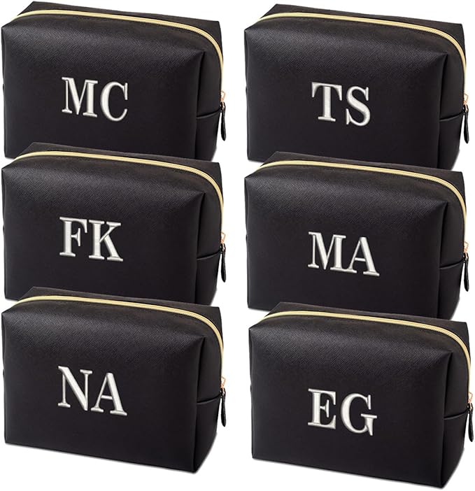 GOPHIE Personalized Embroidered Makeup Bag, Toiletry Bag for Women, Large Cosmetic Travel Bag, Gift For Bridesmaid,Set of 6,Black