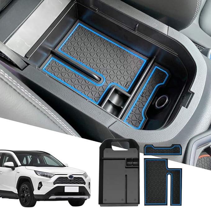 D-Lumina RAV-4 Center Console Organizer - Compatible with 2019 2020 2021 2022 2023 2024 2025 Toyota RAV4 - Armrest Secondary Storage Tray, w/Blue Anti-Dust Mats