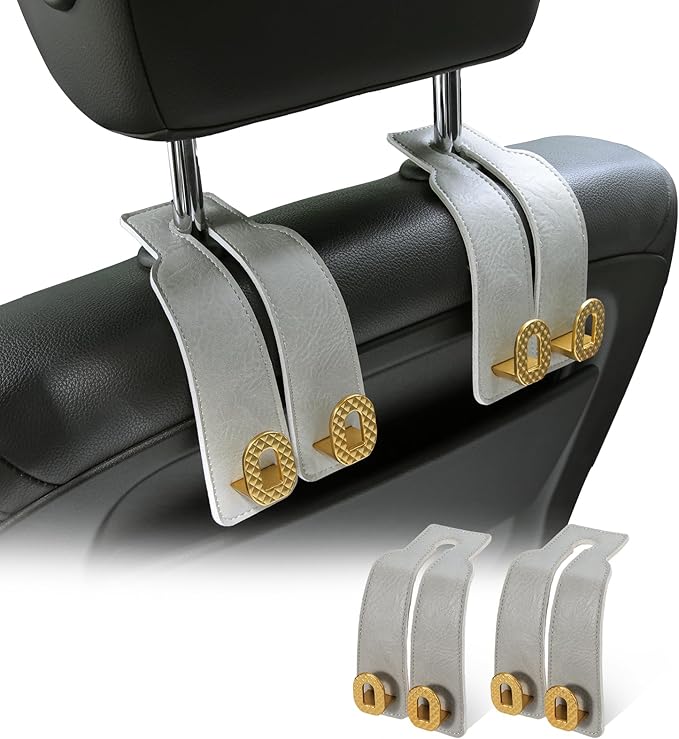 Car Headrest Hooks Universal Car Purse Hook Premium Leather and Alloy Twin Hook Car Seat Back Storage Hanger Hook for Purse Bags Cloth Drink Durable Holder Car Accessories (BH09-Grey-Gold)