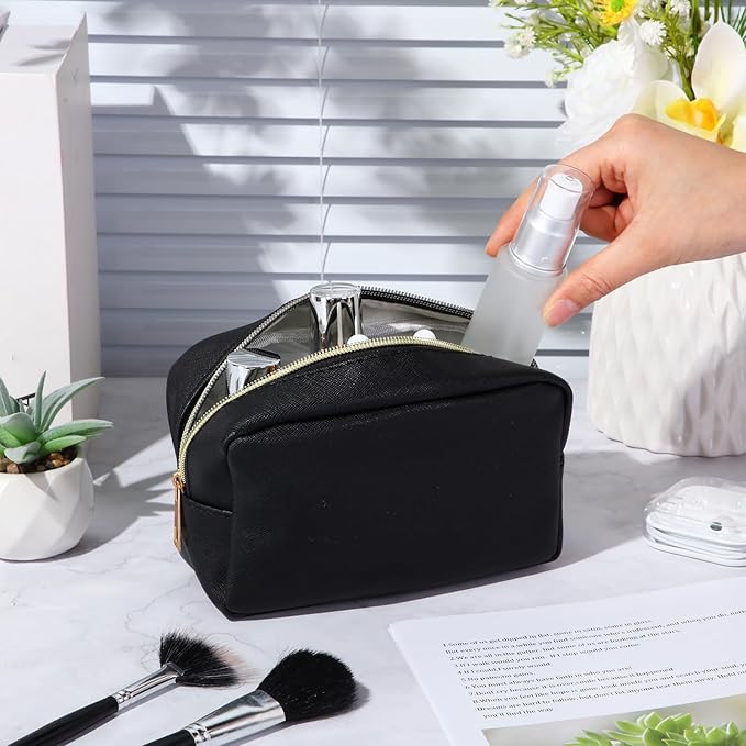 Sweetude 10 Pcs Makeup Bag Bulk for Women Preppy Gift PU Leather Cosmetic Bag Small Skincare Toiletry Pouch Mother Travel Cosmetic Pouch for Bridesmaid Bride Wedding Gift Favors (Black)