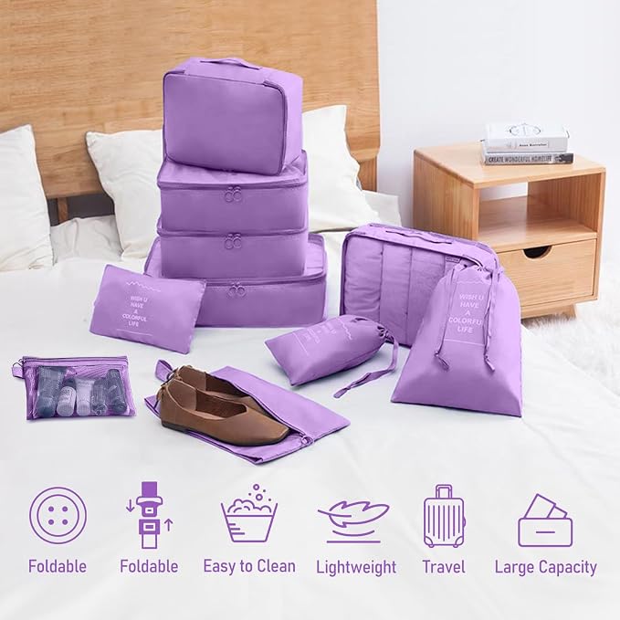 Packing Cubes for Travel- 8 Set Luggage Organizer Bags for Family, Mesh Breathable Travel Packing Cubes for Suitcases Durable Travel Essentials Bags Set (Purple, 10 Set)