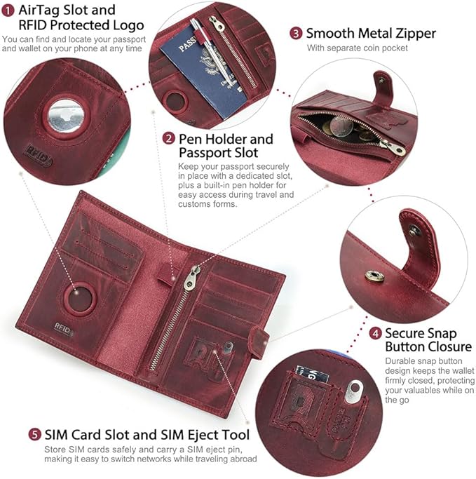 CONTACTS Full Grain Leather Passport Holder Compatible with Airtag Passport Wallet RFID Blocking Travel Passport Cover with SIM Card Removal Tool (Red)