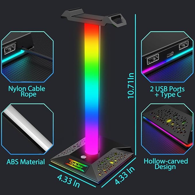 Gaming Headphone Stand PC Accessories - RGB Headset Stand with 2 USB and 1 Type-C Ports, LED Headphone Stand Gift for Boys Men, Computer Game Accessories for Desk