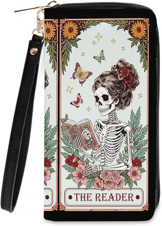 Book Lovers Gift for Womens Wallet - Slim PU Leather Gothic Style Skeleton Reader Wallet for Women with Zipper, Credit Card Holder Wallets, Wristlet Wallets for Female Girls Birthday(Reading Gift)