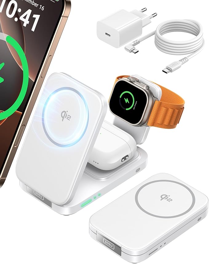 INIU Foldable Magnetic Wireless Charger, Qi2 Certified 3-in-1 Travel Charging Station with 15W Fast Charge - Compatible with Mag-Safe for iPhone 17/16/15 Series, Apple Watch, AirPods (White)