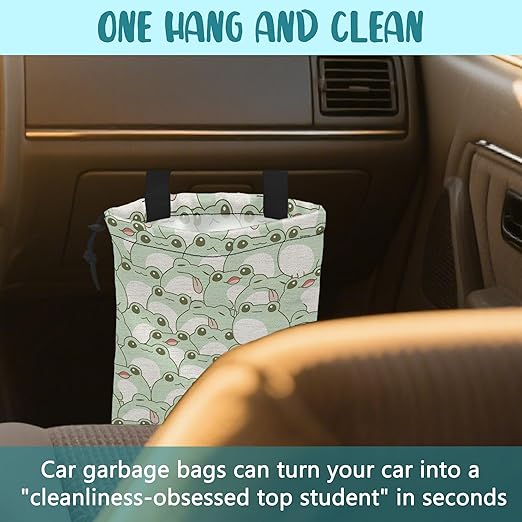 Car Garbage Bag Cute Frog Kiddie Hanging Canvas Car Trash Bag Waterproof Drawstring Car Back Seat Organizer for Car Back Front Seat Console with Adjustable Buckle