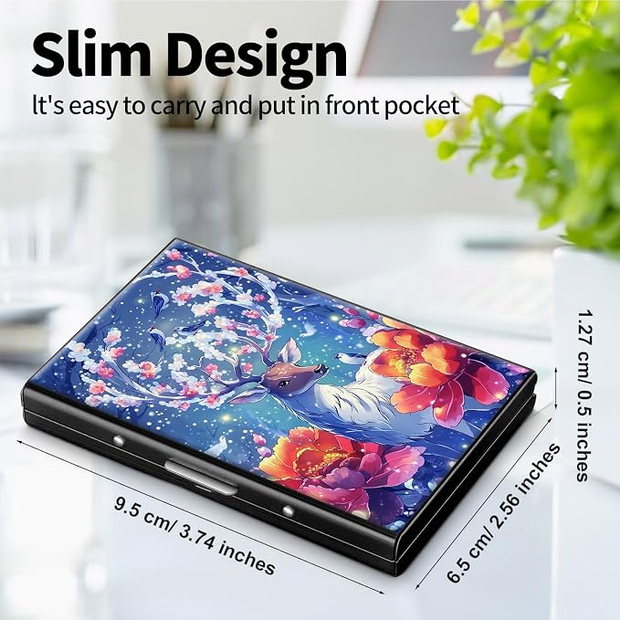 Metal Wallet for Women Men Girls, RFID Blocking Slim Aluminum Credit Card Holder, Mini Travel Wallet with Hard Shell, Lightweight ID & Business Card Case,Art Deer Elk