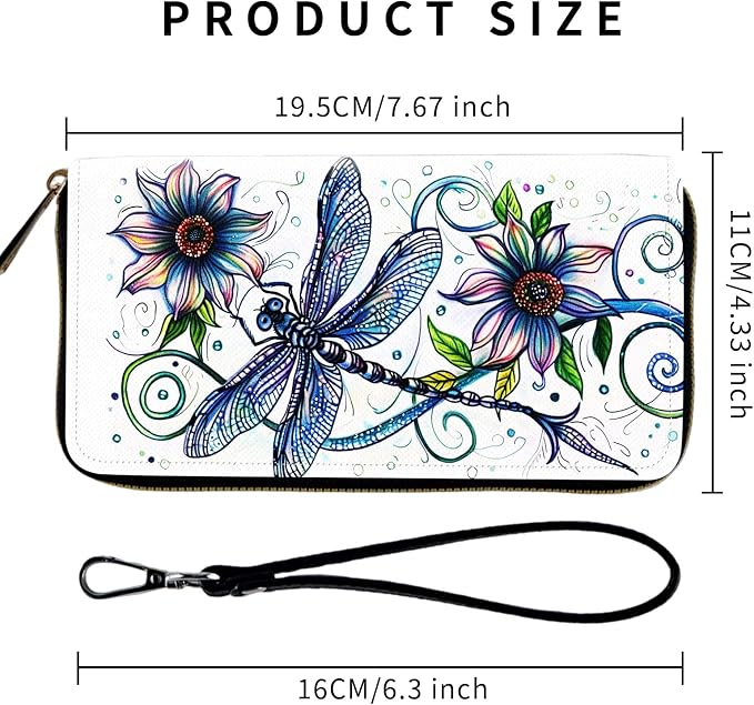 Wallet,Leather Long Wallet Suitable For Ladies And Teenagers - Detachable Wristband + RFID Travel Wallet With Card Slot - Dragonfly with Flowers