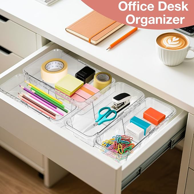 Yummy Sam 16PCS Expandable Drawer Organizers, 2-Size Clear Acrylic Storage Box, Expanding & Adjustable Drawer Organizer for Makeup, Vanity, Bathroom, Kitchen, Office