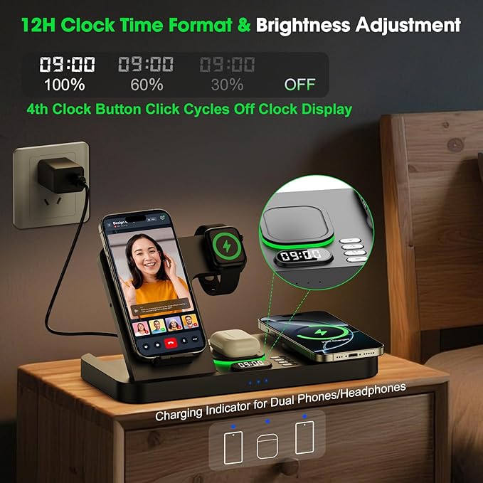 Dual Phone Wireless Charging Station for Apple Devices, Magnetic Charging Station for iPhone with Auto Switch 7-Color Light&Clock, Family Watch Charger for iPhone17 for iWatch11 for AirPods Pro3(Black