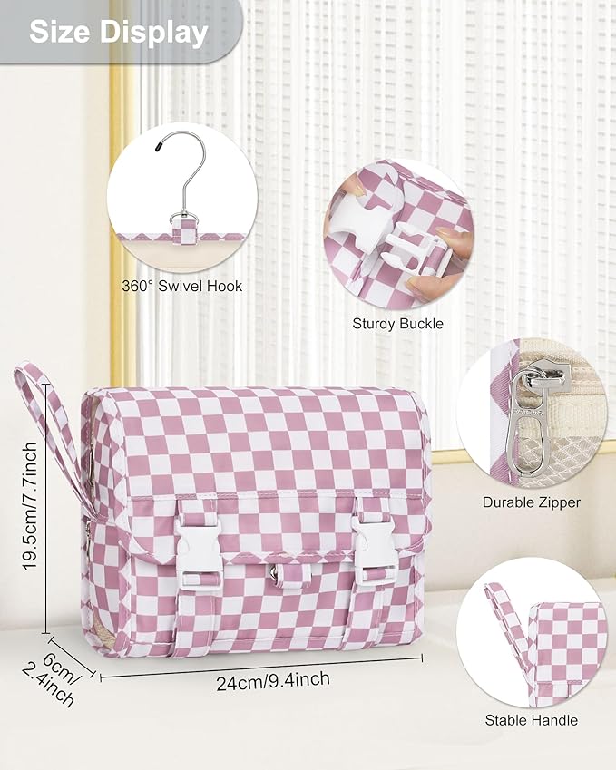 Small Hanging Toiletry Bag for Men and Women, Portable Hanging Organizer for Travel-Sized Dopp Kit, Makeup Accessories, Waterproof Toiletries Organizer with 3 Compartments for Outdoor - Plaid Purple