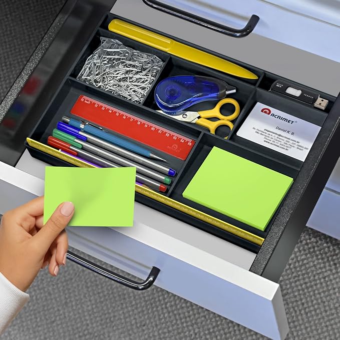Acrimet Desk Drawer Organizer Tray with 8 compartments Bin Multi-Purpose for Desk Supplies and Accessories (Plastic) (Black Color) | 12" Ruler Special Divider Organizes Pens, Pencils, Stationery Accessories