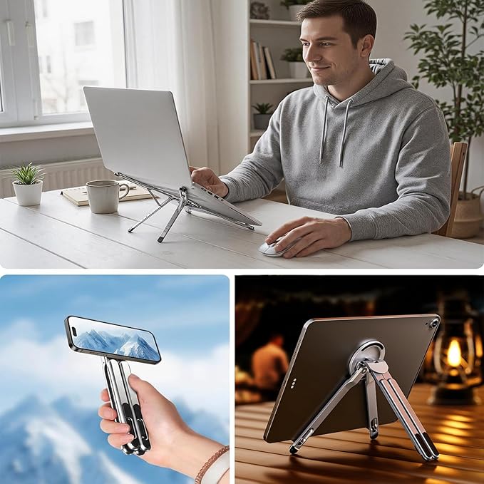 3 in 1 Magnetic Foldable Versatile Stand for Phone Tablet and Laptop,Aluminum Alloy Ergonomic 8-Level Adjustable Height Laptop Stand for Desk,Portable Holder for Home Office and Travel