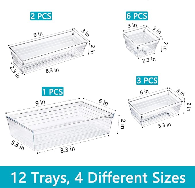 DCA 12 Pack Clear Drawer Organizer, 4 Sizes Makeup organizer, Vanity Organizer for Gadgets,Kitchen,Bathroom,Office