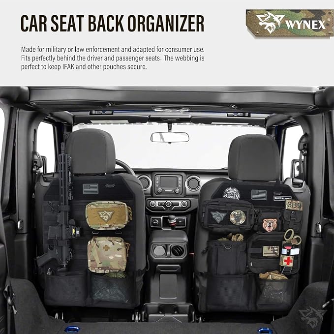 WYNEX Car Seat Organizer, Molle Backseat Cover Organizer Protector with Sling Rack, Visual Pocket and Patch, Universal Vehicle Fits for F150, Jeeps, Pickups & Trucks for Road Trips (2-Packs)