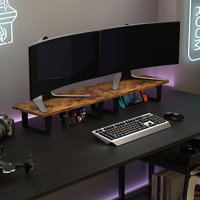 Monitor Stand Riser with 50 LB Capacity, Stable Wood Computer Monitor Stand for Desk Organizers, Anti-slip Computer Riser Monitor Shelf for PC Laptop Notebook Printer Computer iMac, Rustic Brown