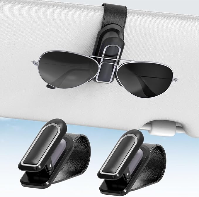 Veharvim Sunglass Holder for Car (2 Pack, One-Handed Operation, Gentle & Secure Hold, Silicone Padded, Universal Fits Sunglass and Car Visor) - Sunglasses Clip for Car Visor (Black & Silver, 2 Pack)