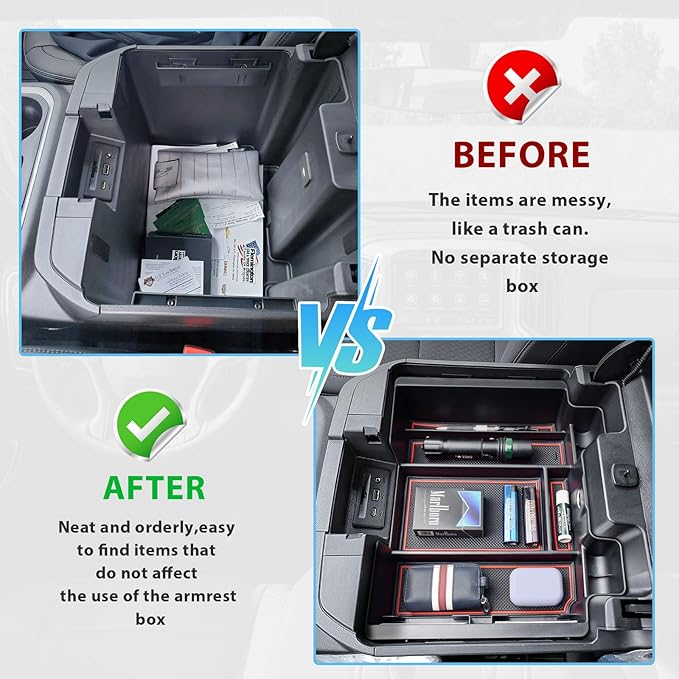 Center Console Organizer Compatible with 2019-2022 Chevy Silverado/Sierra 1500 and 2020-2023 Silverado/Sierra 2500HD 3500HD Accessories Armrest Full Size Tray,Full Console w/Bucket Seats ONLY,Red