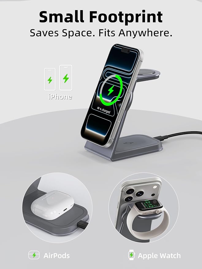 Wireless Charging Station for Apple Magsafe Charger Stand,3 in 1 Qi2 Certified 15W Fast Magnetic Wireless Charger Station for iPhone 17 Air 16 15 14 13 12 Series,Airpods Pro,Apple Watch Ultra