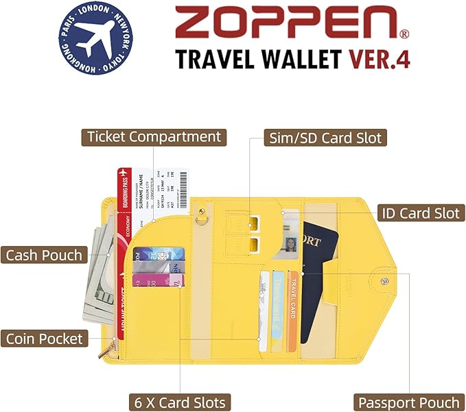 ZOPPEN Mulit-purpose Rfid Blocking Passport Holder Travel Wallet (Ver.4) Passport and Vaccine Card Holder ComboTri-fold Document Organizer Travel Essentials