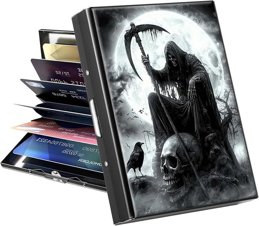 Metal Wallet, Credit Card Holder for Women Men Girls, RFID Blocking Aluminum Wallet Slim Hard Case, Mini Travel Wallet, ID Card Holder Business Card Case,Grim Skulls Reaper