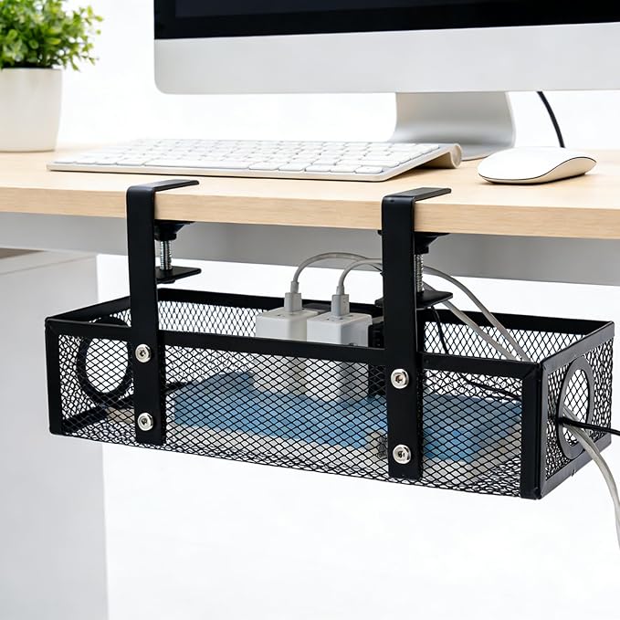 Under Computer Desk Cable Management Tray, No Drill Clamp-On Cord Organizer, Sturdy Metal Wire Tray for Office & Home Desks, Black