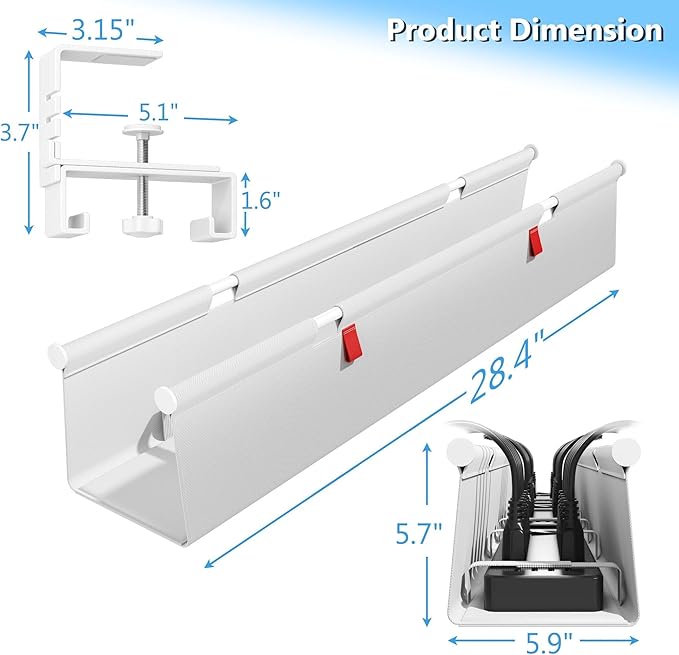 Litwaro Under Desk Cable Management Tray No Drill, 28.4" Cord Organizer with Clamp for Standing Desk, Premium Fabric Cable Tray with Wire Management for Office Home, White