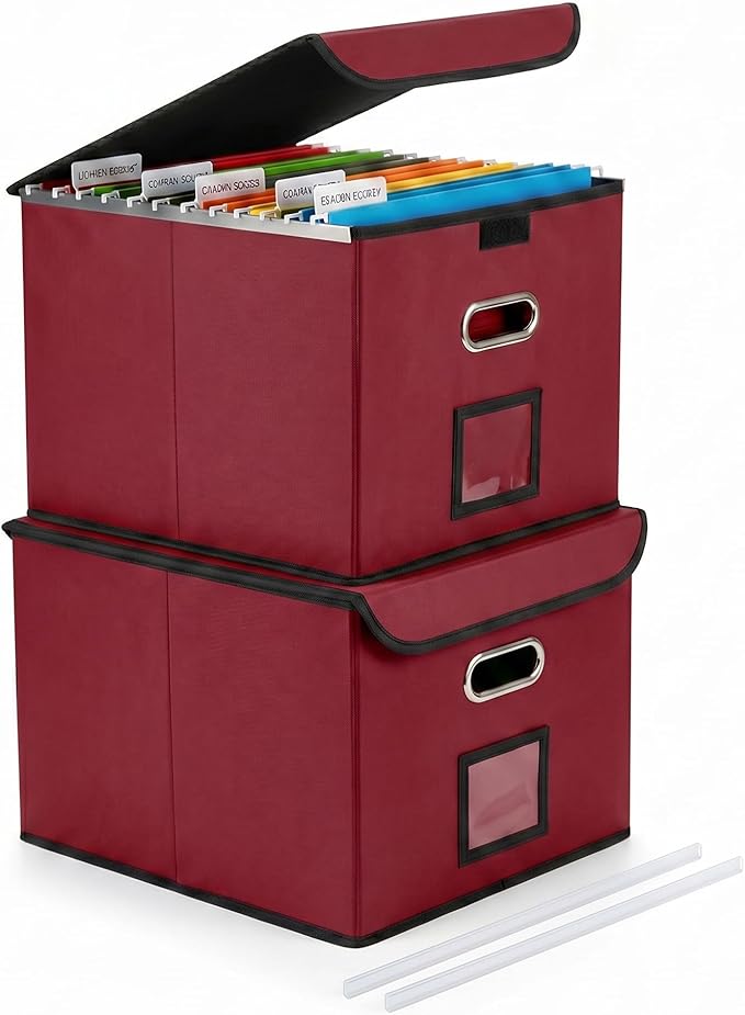 File Organizer Box with Lid, Large Hanging File Folder Organizer with Plastic Slide, Collapsible Portable Filing Storage Boxes for Office/Decor/Home (Wine Red, 14.9 x 12.59 x 10.8 inch, 2-Pack)