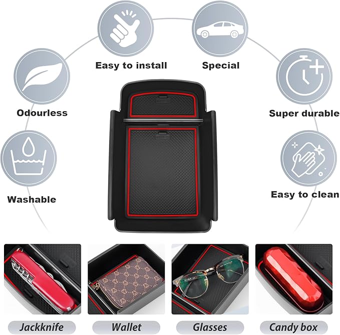 SKTU for 2024 2025 2026 Chevrolet Trax Center Console Organizer 2024 2025 2026 Chevy Trax Console Tray Trax Armrest Storage Box 2024 2025 2026 Chevy Trax Accessories with Sunglasses Holder (Red)