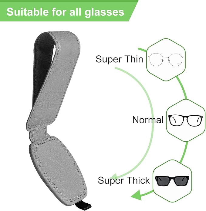 2 Pack Magnetic Leather Sunglasses Holder for Car，Car Visor Accessories and Ticket Card Clip，Fit Different Size Eyeglasses (Grey)