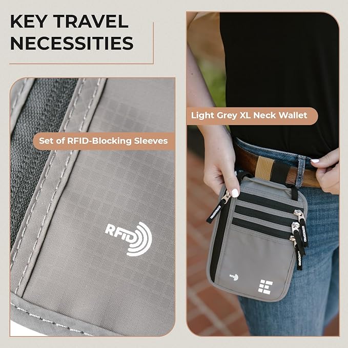 Neck Wallet for Travel & Passport Holder with RFID Blocking - Slim & Easy to Conceal Nylon Travel Pouch for men & women - Holds Phone, Cash, Cards, Keys - Sweat & Water Resistant - XLarge - Light Grey