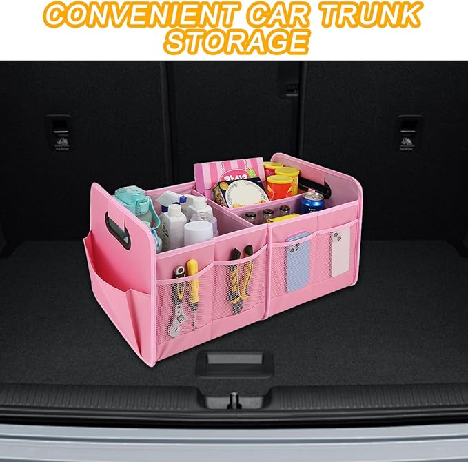Mandark Car Trunk Organizer, Collapsible Automotive Trunk Storage Organizer with Multiple Compartments, Vehicle Interior Container Box Accessories, Universal for RV, SUV, Truck (Pink)