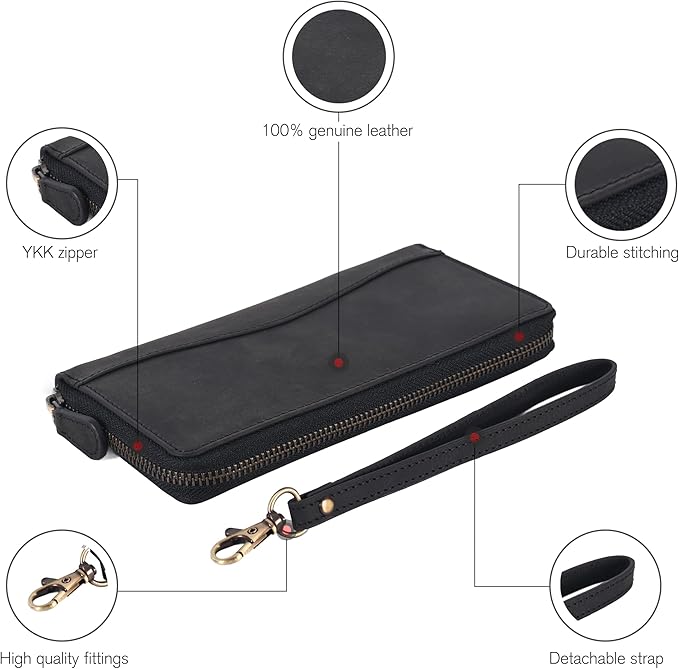 Black Leather Wallet for Women - RFID Womens Wallet Clutch with 8 Credit Card Holder, Coin Pocket, Gift for Women’s