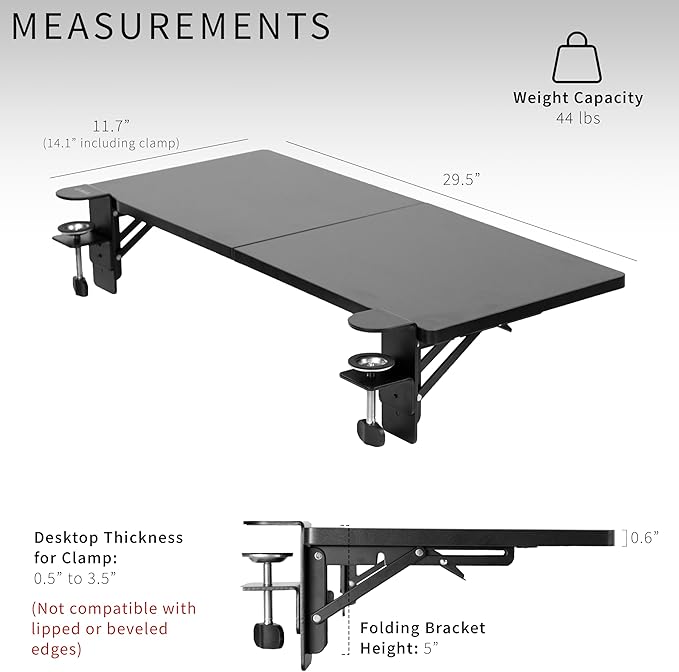 VIVO Clamp-on 30 x 12 inch Foldable Desk Extender, Wrist Support Arm Rest, Office Keyboard Tray, Side Table Extension Attachment, Black, DESK-EXT30